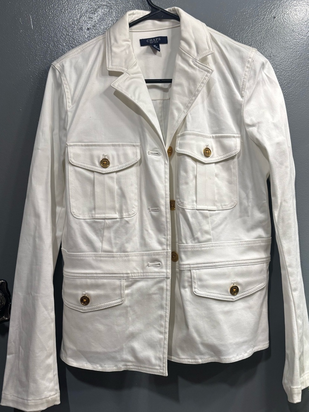 Chaps White Denim Jacket with Pockets Button-Front Utility Blazer Casual Formal